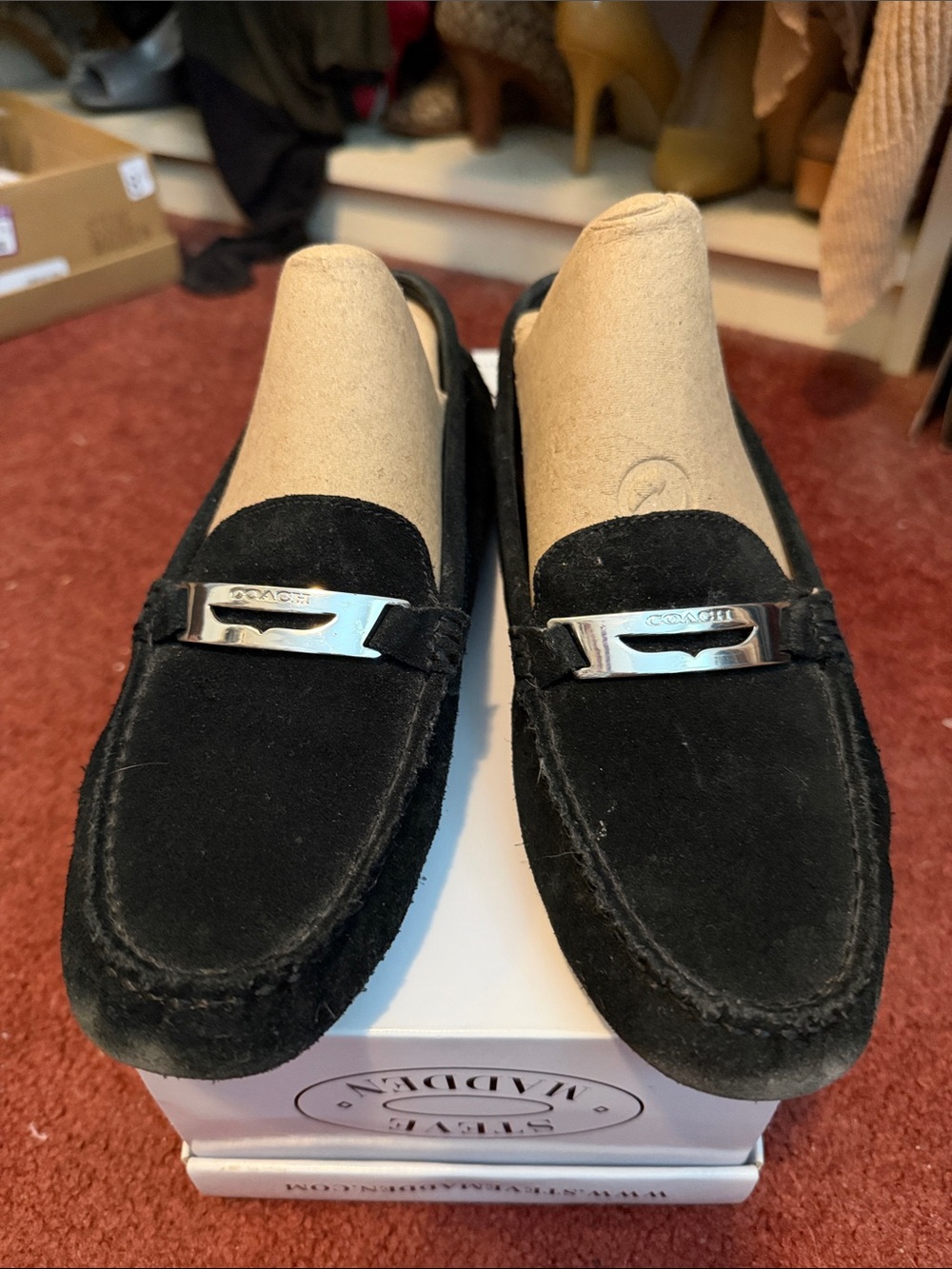 Coach Black Suede Women's Bit Loafers with Silver Plaque